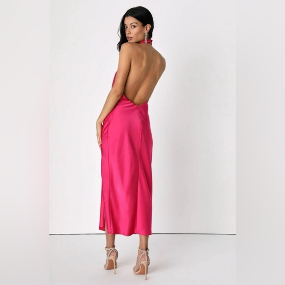Lulus NWT Women’s “Beyond Classy” Hot Pink Satin Halter Midi Dress. Size Medium. - Picture 15 of 16